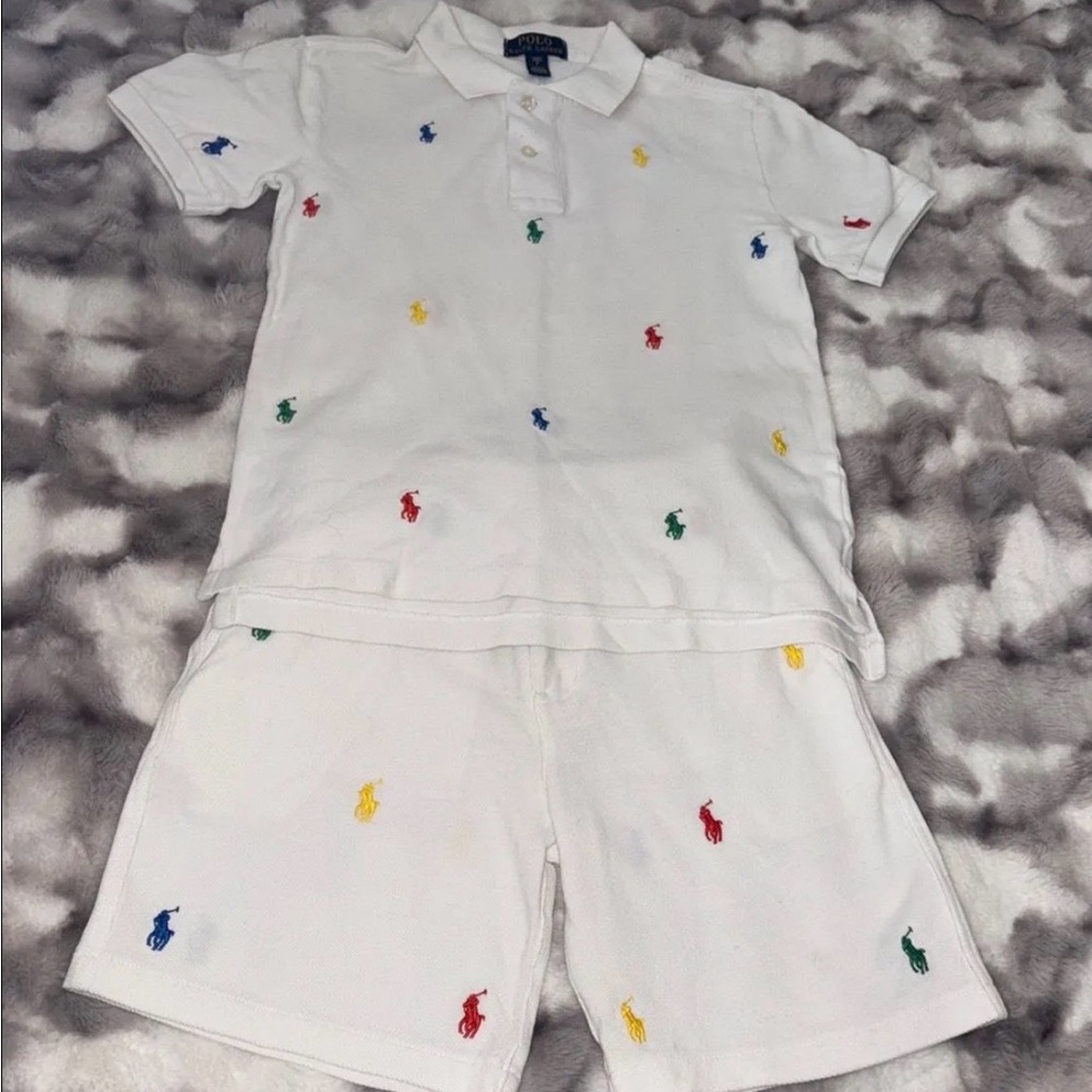 White Polo Shirt and Shorts Set with Multicolor polo men